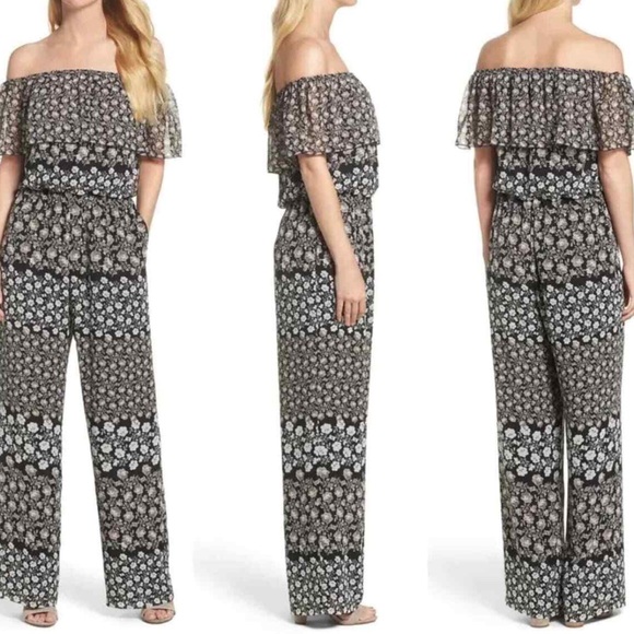 Eliza J Pants - NWT ELIZA J Off Shoulder Floral Jumpsuit Romper Black Flowy Ruffle New Size 10